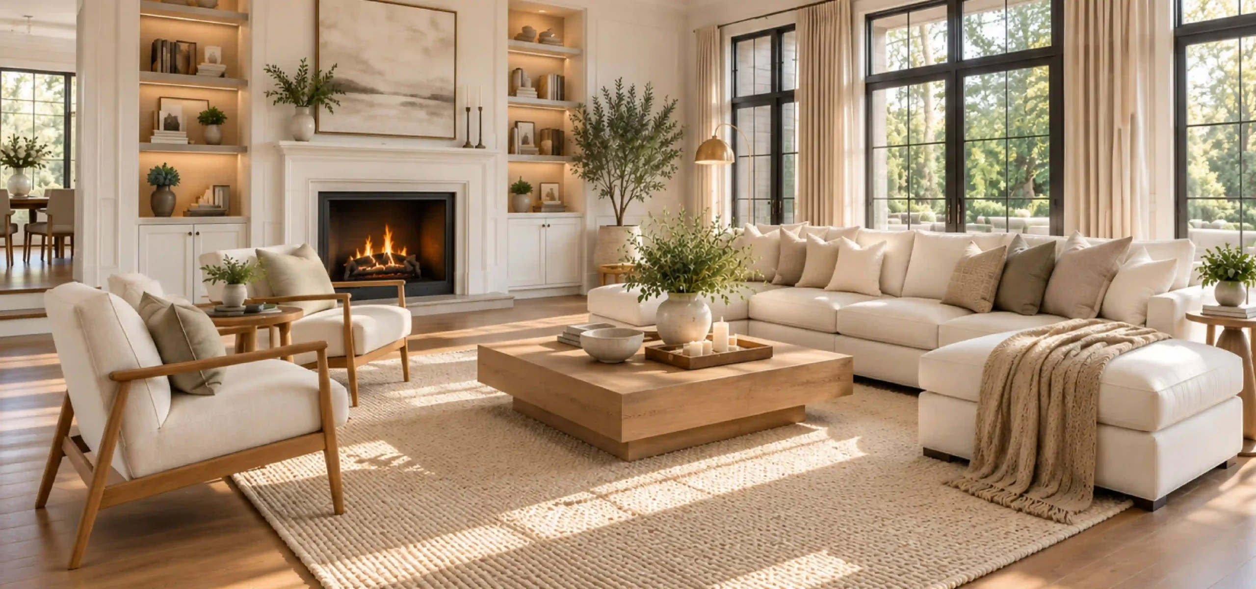 Elegant staged living room in a vacant home with neutral furniture and natural light