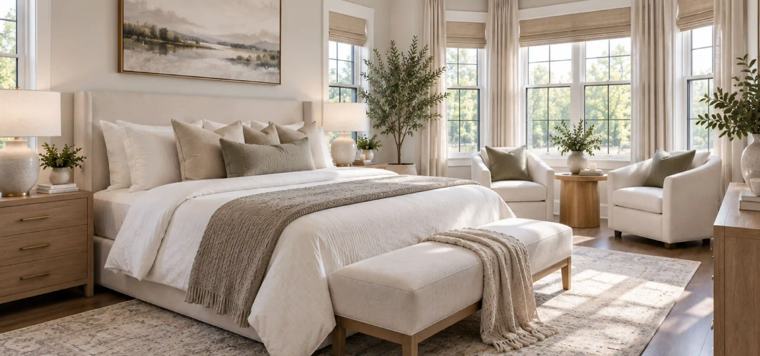 Styled bedroom in an occupied home with layered neutral textiles and soft lighting