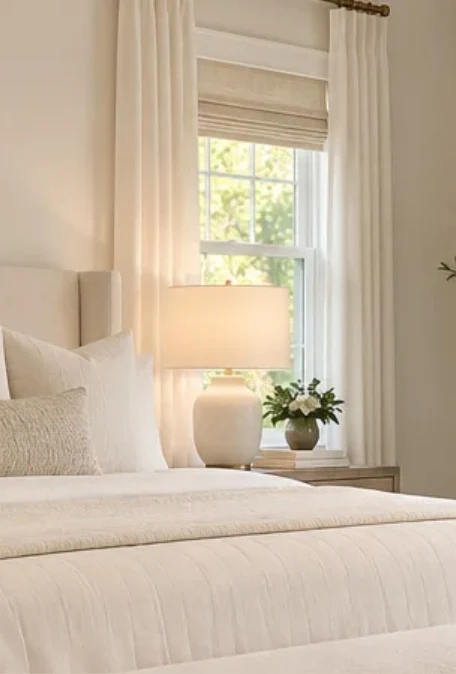 Staged living room with neutral sofa, floor lamp, plant and coffee table by STAGED. home staging