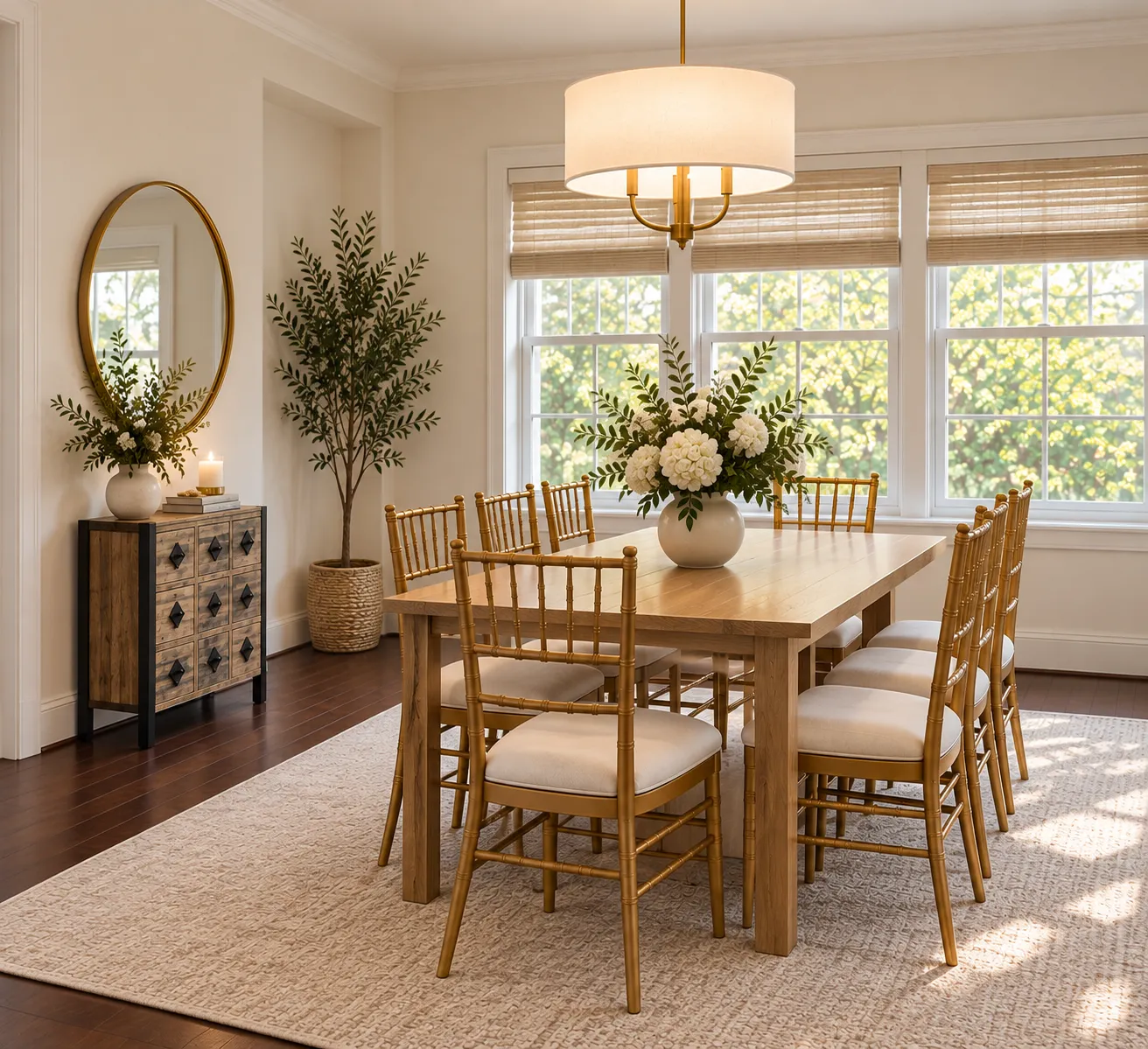 Sunlit dining room staged with oak table, bamboo chairs, drum pendant, round mirror and olive tree