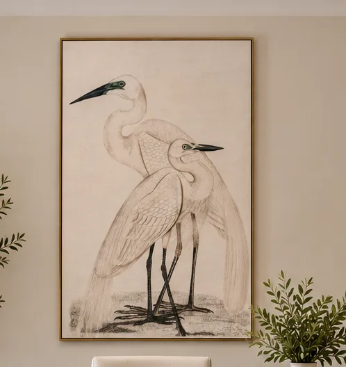 Heron wall art styled in a staged room