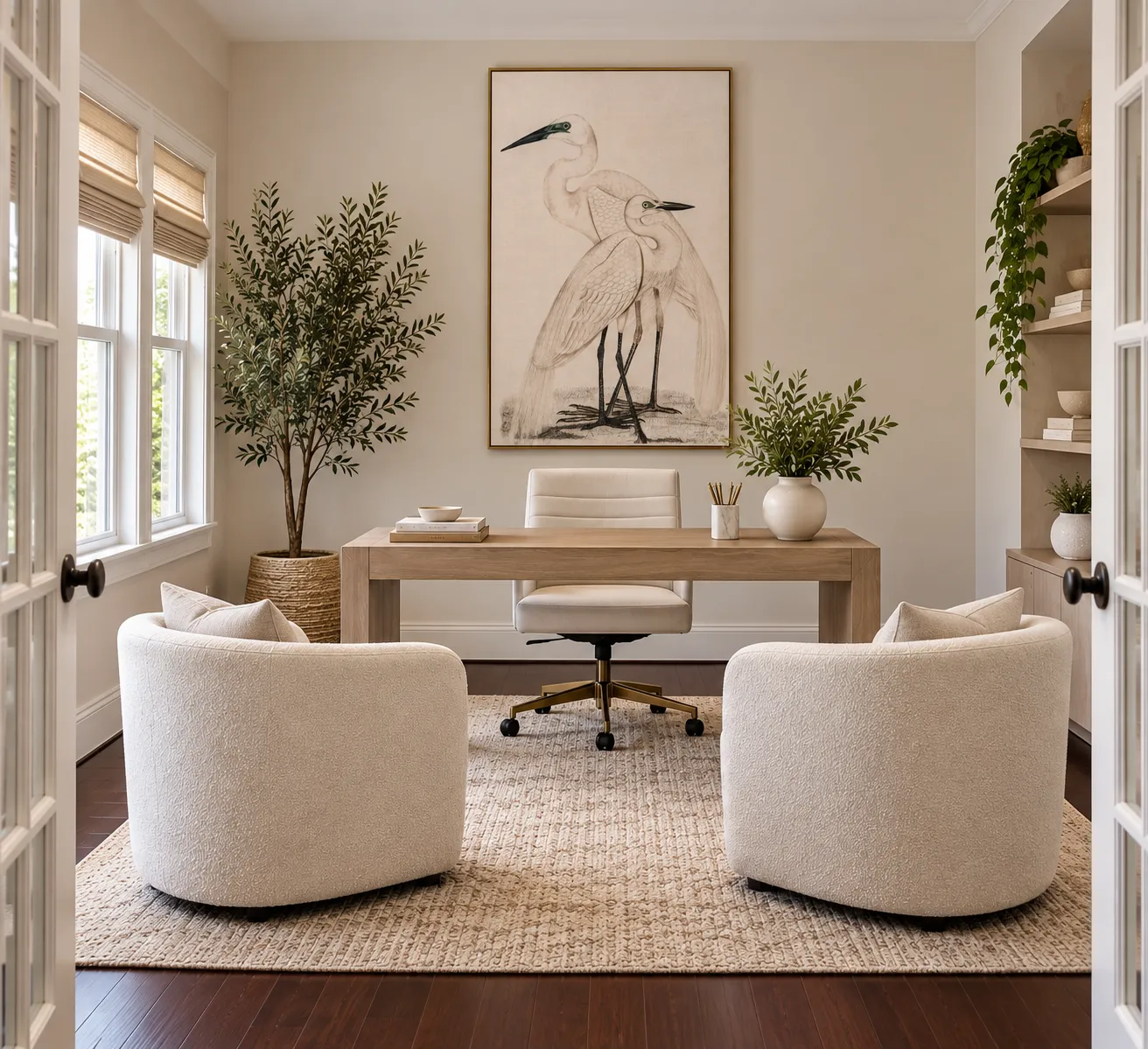 Staged home office with a desk and natural light